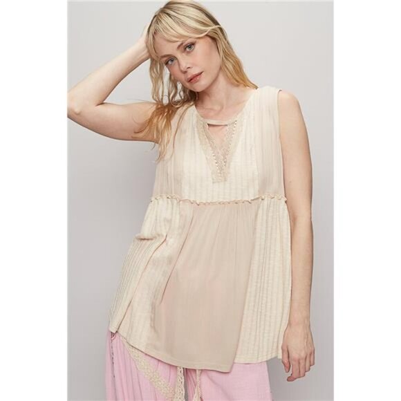 POL Lace Trim Two-Tone Tank with Pintuck Detail - Picture 1 of 3